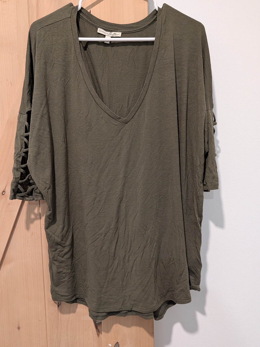 Express Olive Green V-Neck Short Sleeve Top with Ladder Sleeve Detail